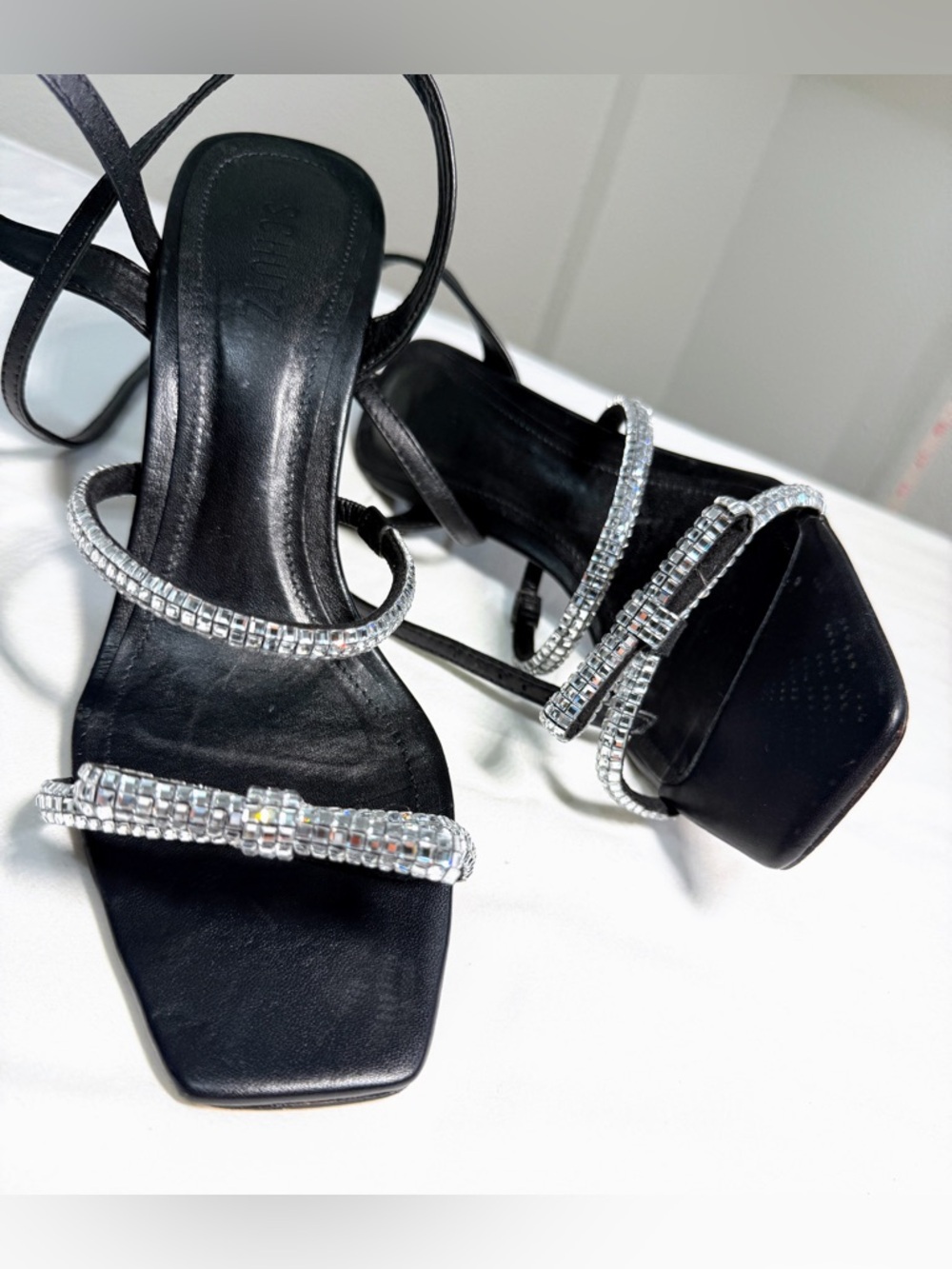 SCHUTZ Black Leather Rhinestone Square Toe Evening Sandals Size 9